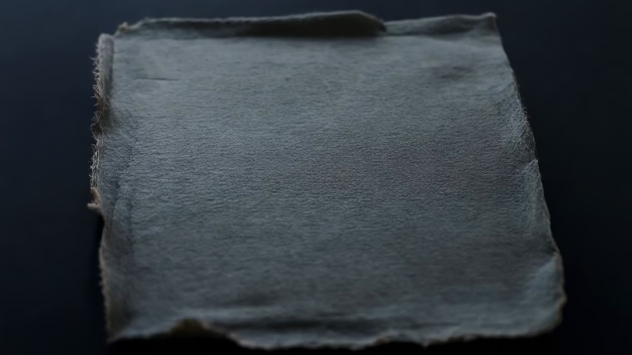 Racking focus, pulling lens toward dark matte tabletop, revealing grey fabric swatch fibers