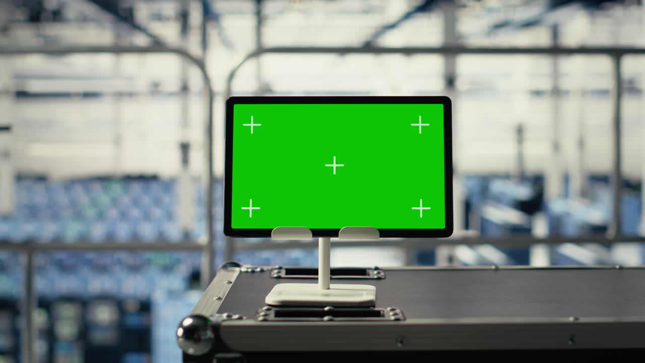 Green Screen Tablet In High Tech Data Center With Blockchain Machines