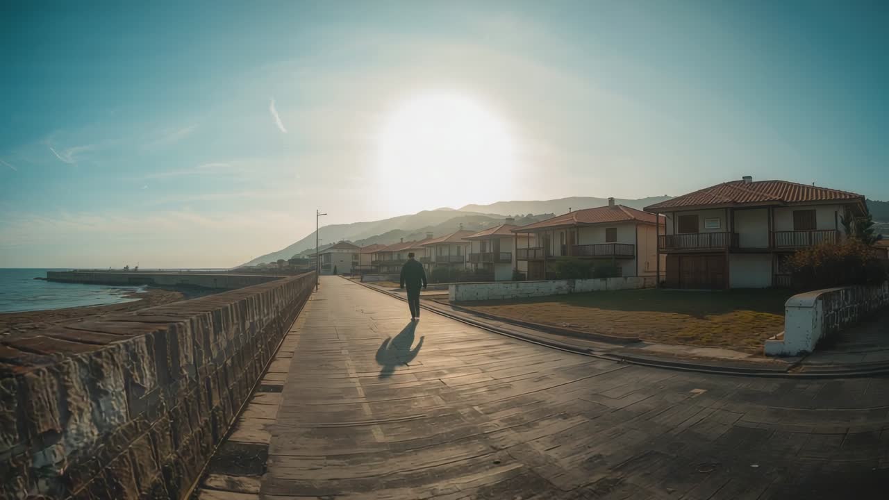 Walking adult male approaching camera on start along promenade by seawall sun casting long shadow