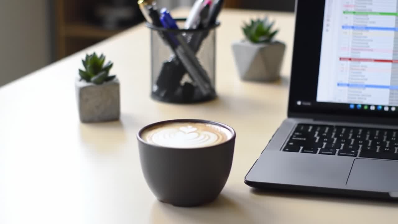 A Cozy Workspace Scene Featuring a Beautiful Latte Art in a Brown Mug Alongside a Modern Laptop Surrounded by Green Succulent Plants and Stationery Items