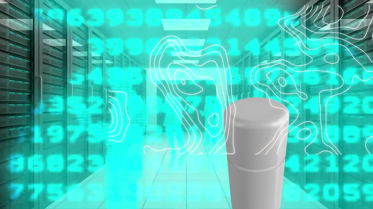 animación del procesamiento de datos y líneas blancas sobre el contenedor de crema y la sala de servidores