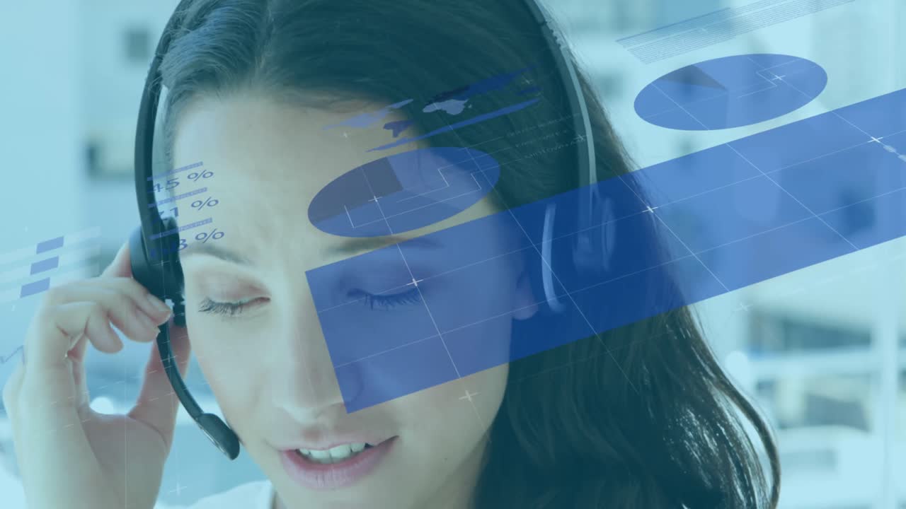 파란색 통계와 그래프의 애니메이션 여성 콜 센터 직원