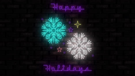 animation of neon happy holiday text and snowflakes on black background