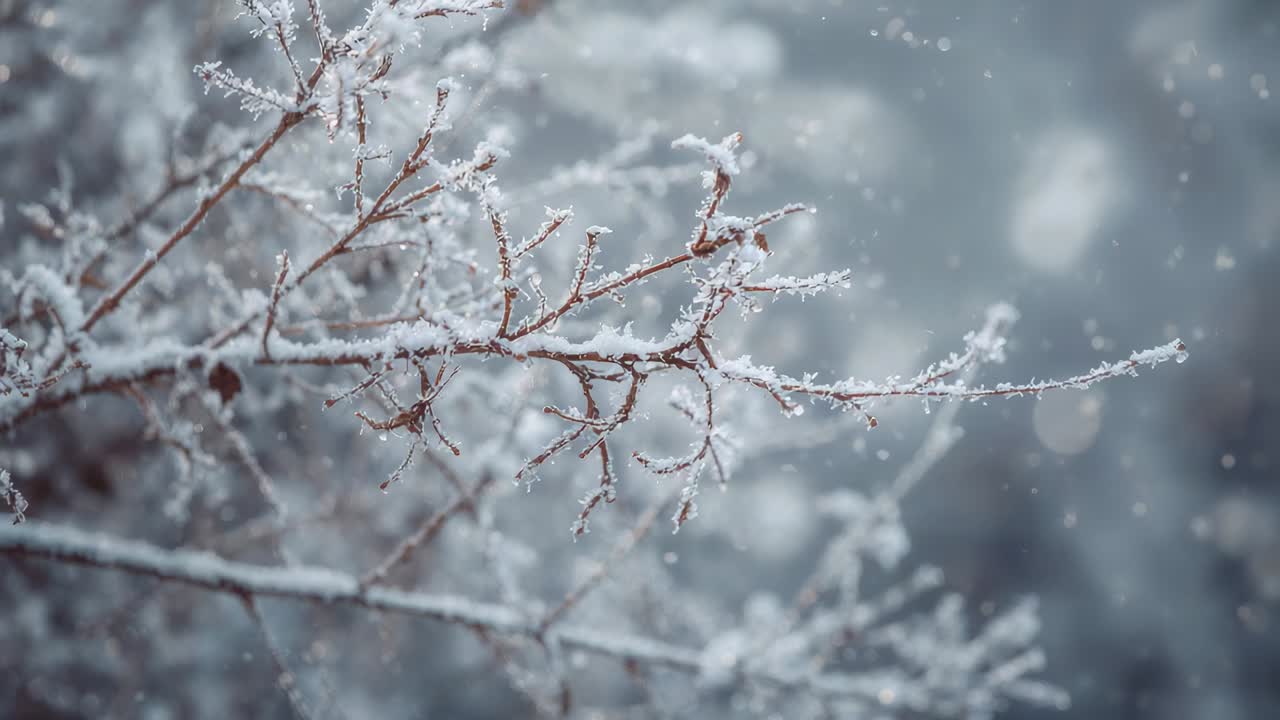 Shifting focus, camera revealing frosted twig at cold shrub, drifting snow lighting droplets