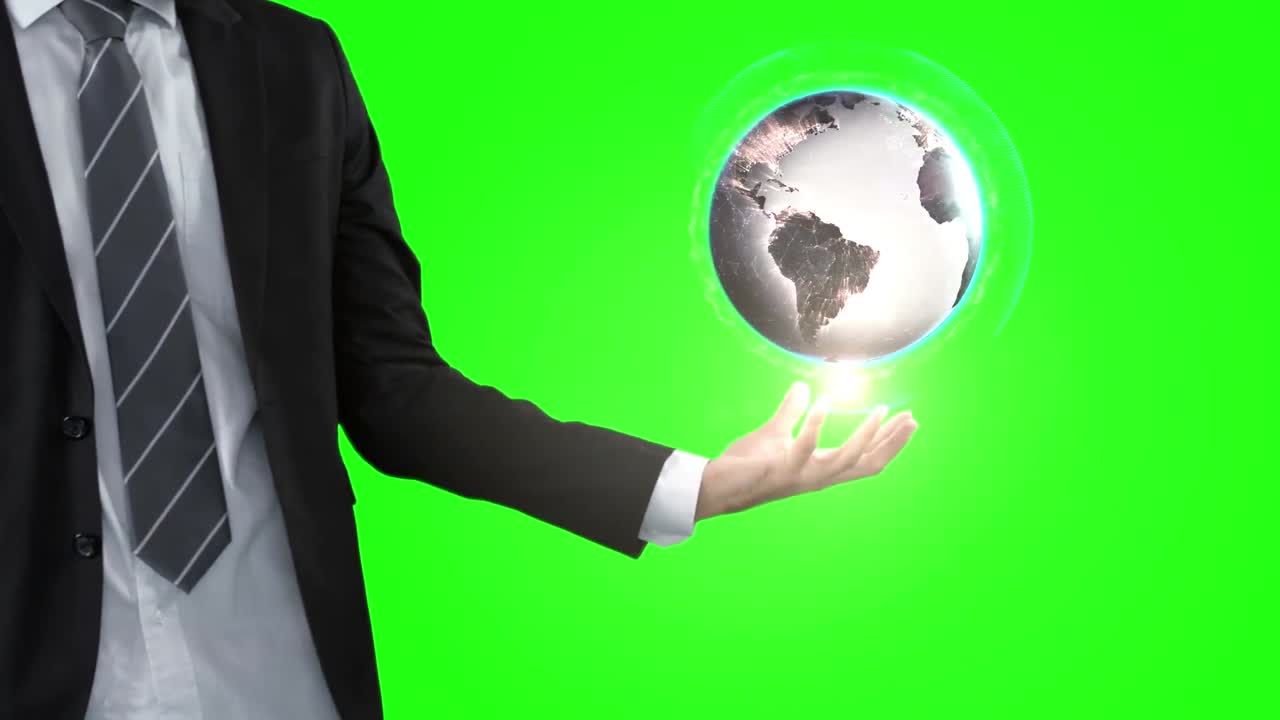 hombre de negocios con animación de globo en frente de la pantalla verde