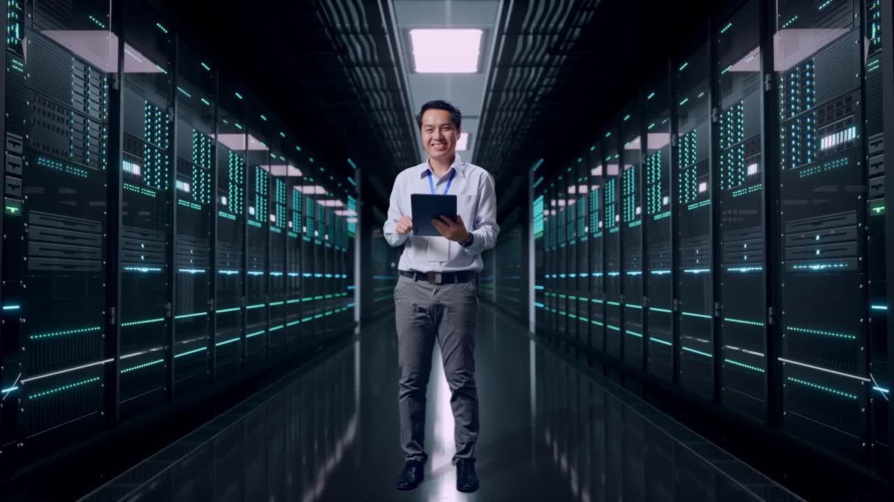 Full Body Of An Asian Male Professional Worker Standing in Server Room Data Center, Typing On Tablet'S Keyboard With Green Screen And Look At The Factory Once