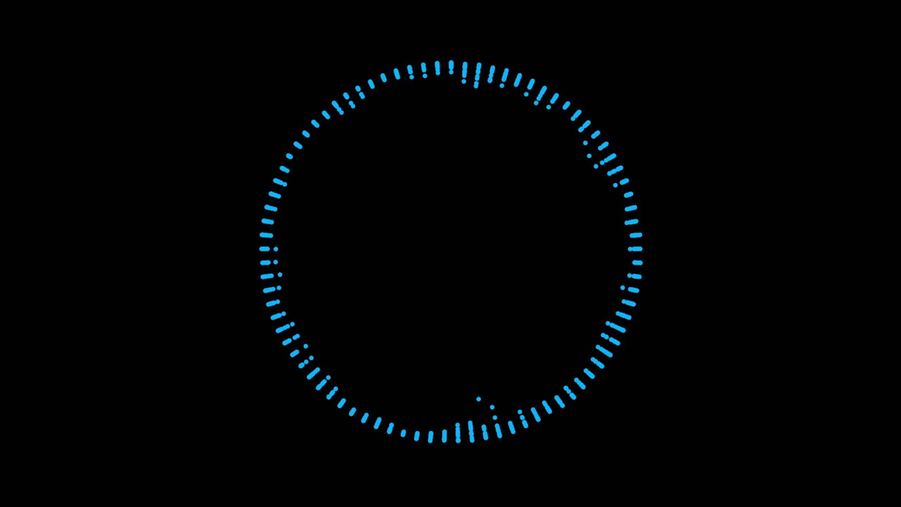 A circle formed by blue dots animates with a digital glitch and particle effect on a black background. Futuristic loading screen or data visualization concept. Seamless loop