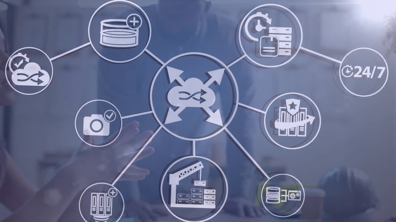 animación de la nube y la red de iconos sobre diversas personas de negocios en la oficina