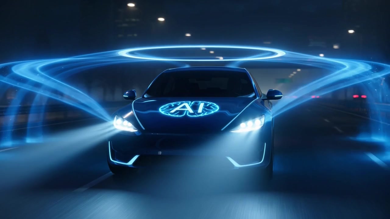 Auto Autonoma Blu con Intelligenza Artificiale su Autostrada Notturna
