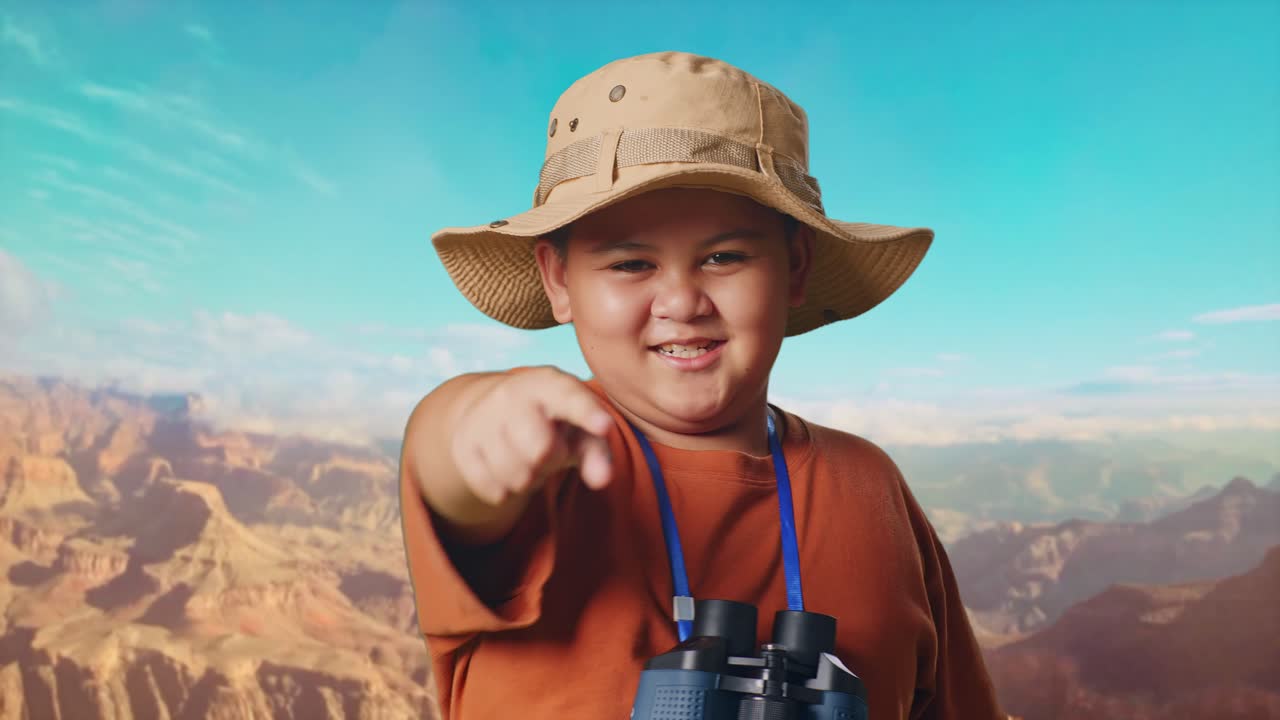 Asian Boy With Hat And Binoculars Holding Magnifying Glass, Touching His Chest Then Pointing At You While Traveling At The Top Of Mountain. Boy Researcher Examines Something, Travel Tourism, Close Up
