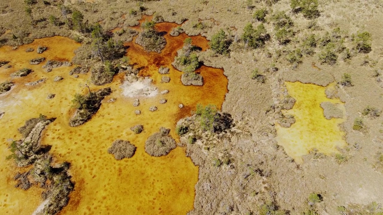 Kolam rawa kaya belerang menciptakan tampilan menawan dengan nuansa kuning dan karat, 4K.