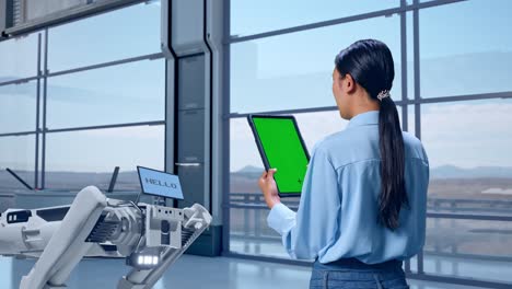 vista trasera de una trabajadora profesional asiática de pie en una fábrica de alta tecnología, perro robot, comprobando en la tableta con pantalla verde y mirar la fábrica una vez