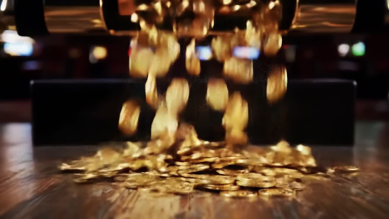 A Glimpse into the Exciting World of Slot Machines: The Golden Coins Pouring and Twinkling in the Bright Casino Lights Create an Enthralling Atmosphere for Players