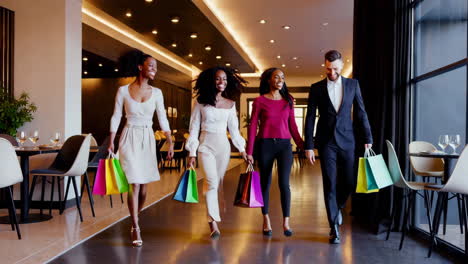 diverse group of friends enjoying a shopping day in an upscale setting