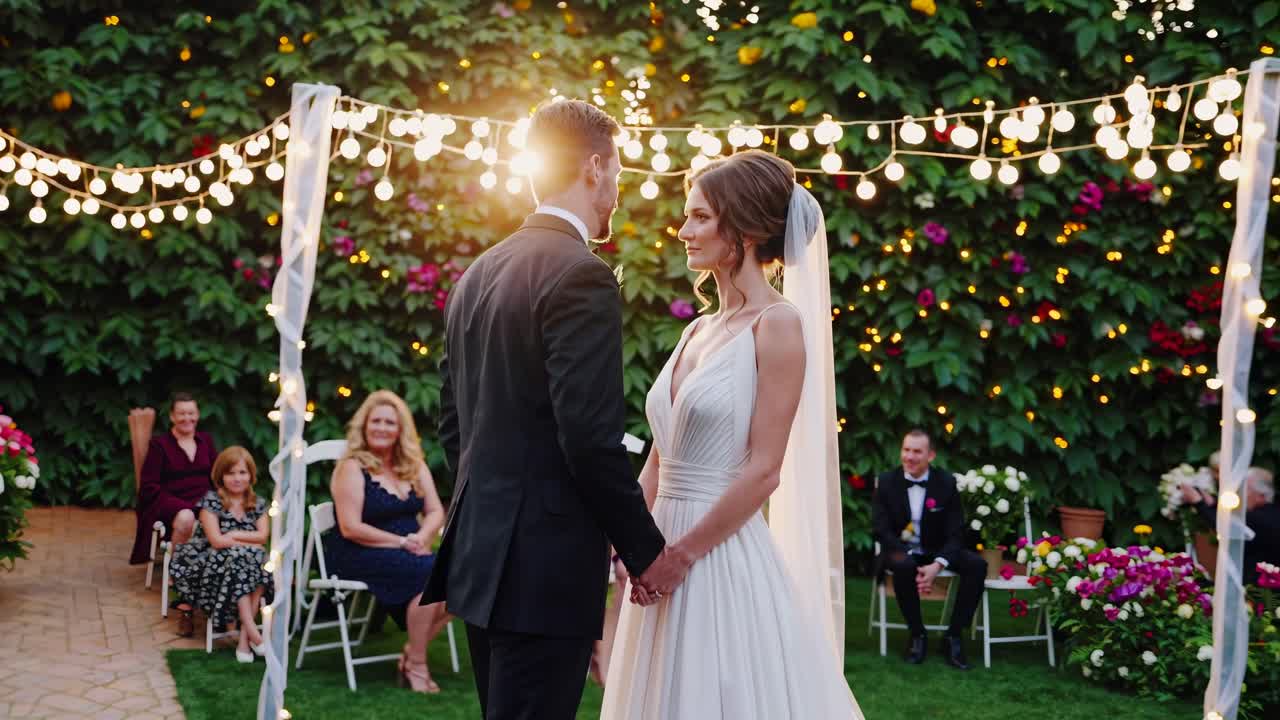 A romantic wedding video scene captured at eye level, featuring a couple holding hands under string