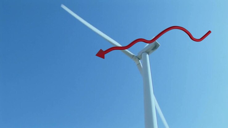 Wind Turbine with Animated Growth Arrow Against Clear Blue Sky