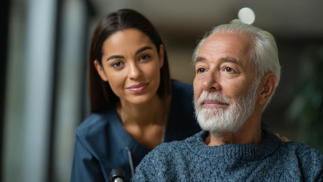 A compassionate caregiver interacts with an elderly man in a comfortable setting, showcasing the bond of care, understanding, and mutual respect