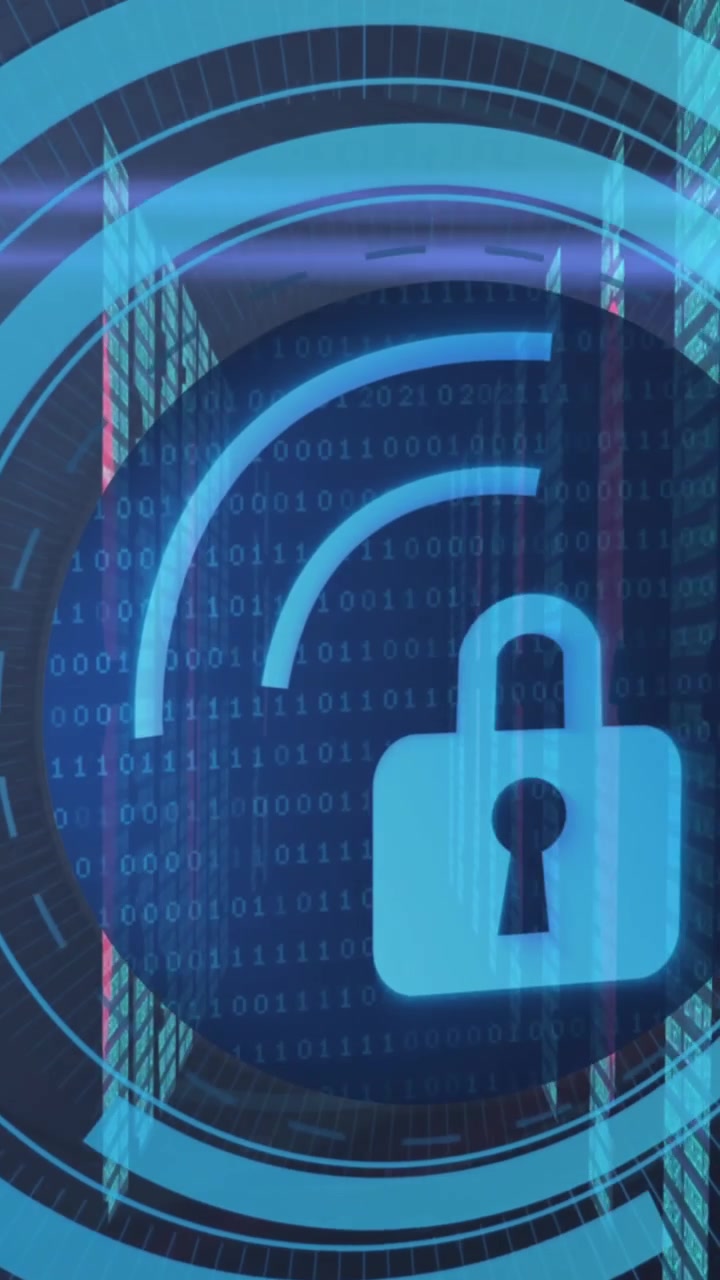Animation of wi fi and digital padlock over severs