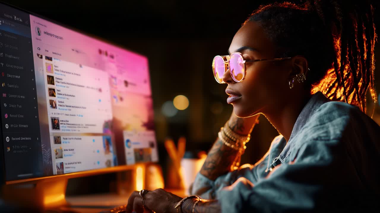 A focused individual in stylish glasses engages with a vibrant digital interface, highlighting the connection between technology and personal expression in a dynamic evening setting