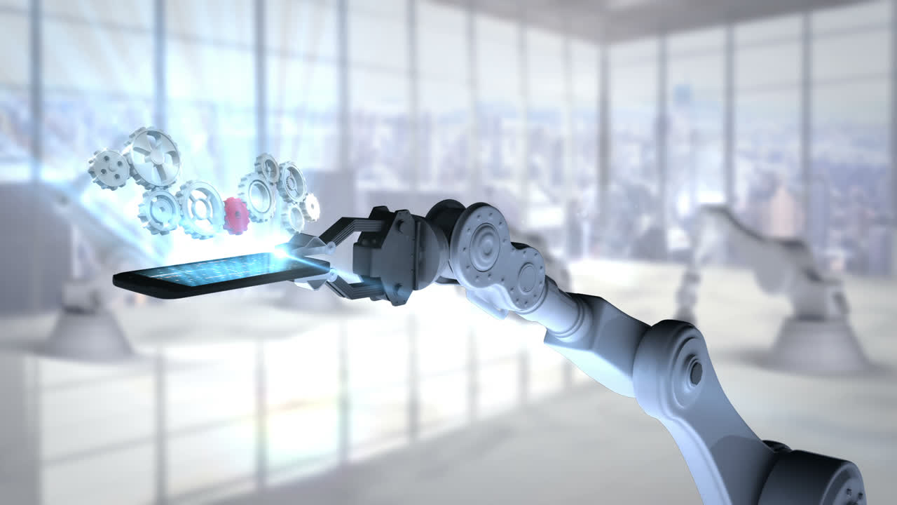 mano robótica que presenta un teléfono móvil iluminado con iconos de engranajes