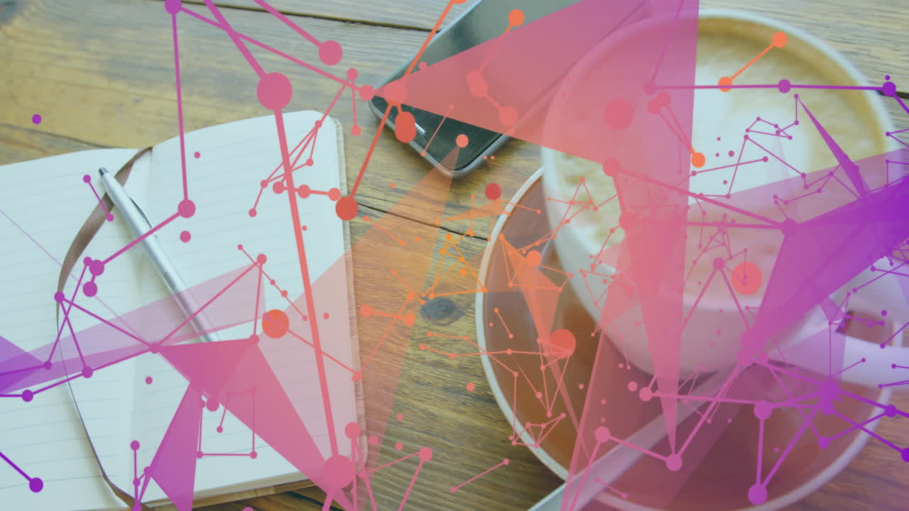 animación de redes de plexo contra un primer plano de teléfono inteligente, taza de café y diario en superficie de madera