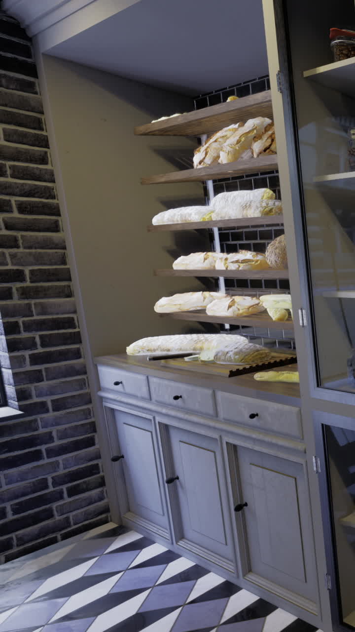 Area espositiva di panetteria che mostra pane fresco sugli scaffali con un mobile contenitore grigio.