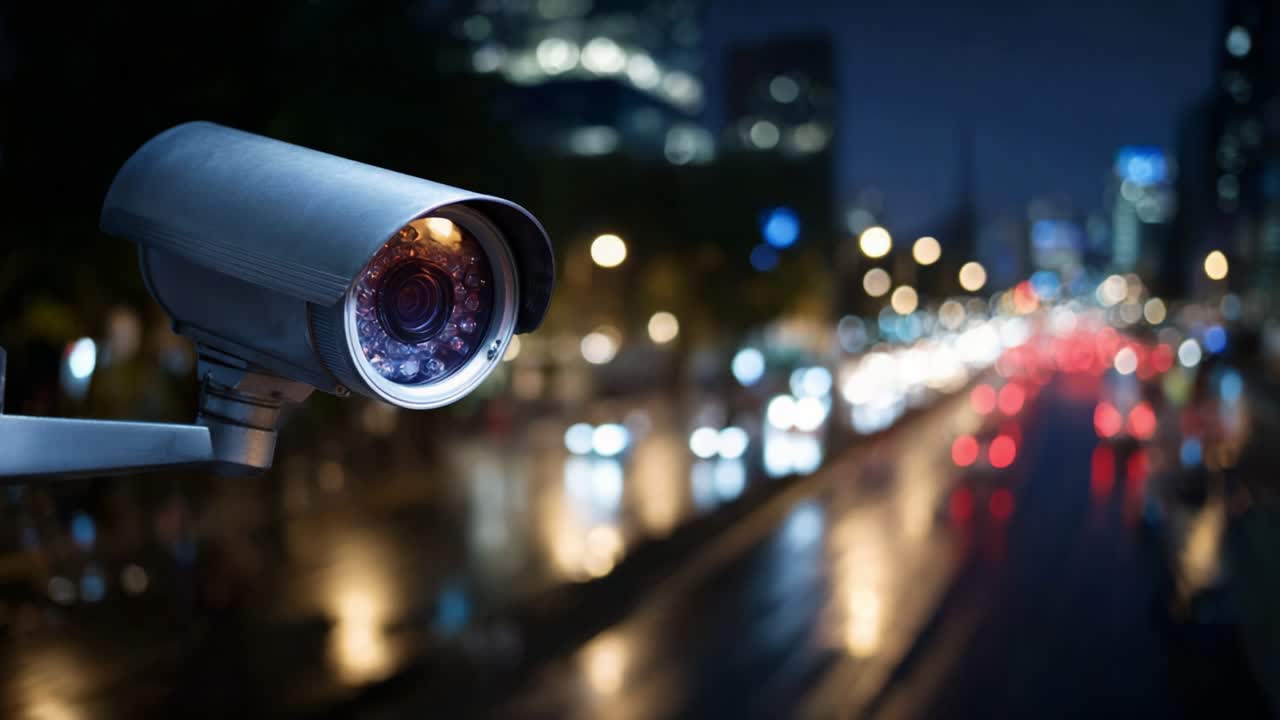 Surveillance Camera Overlooking a City Street at Night, Capturing the Evening Traffic with Blurred Lights from Vehicles, Enhancing Urban Security and Monitoring Activities for Safety and Crime Prevention