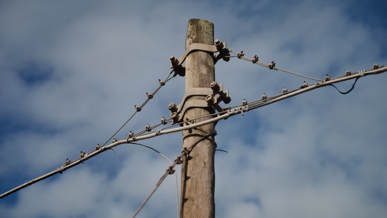 An old wooden utility pole to support electrical transmission and distribution lines