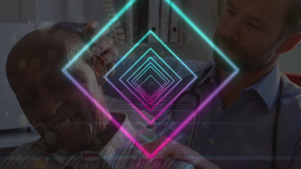 animación de formas sobre el médico caucásico con el paciente.