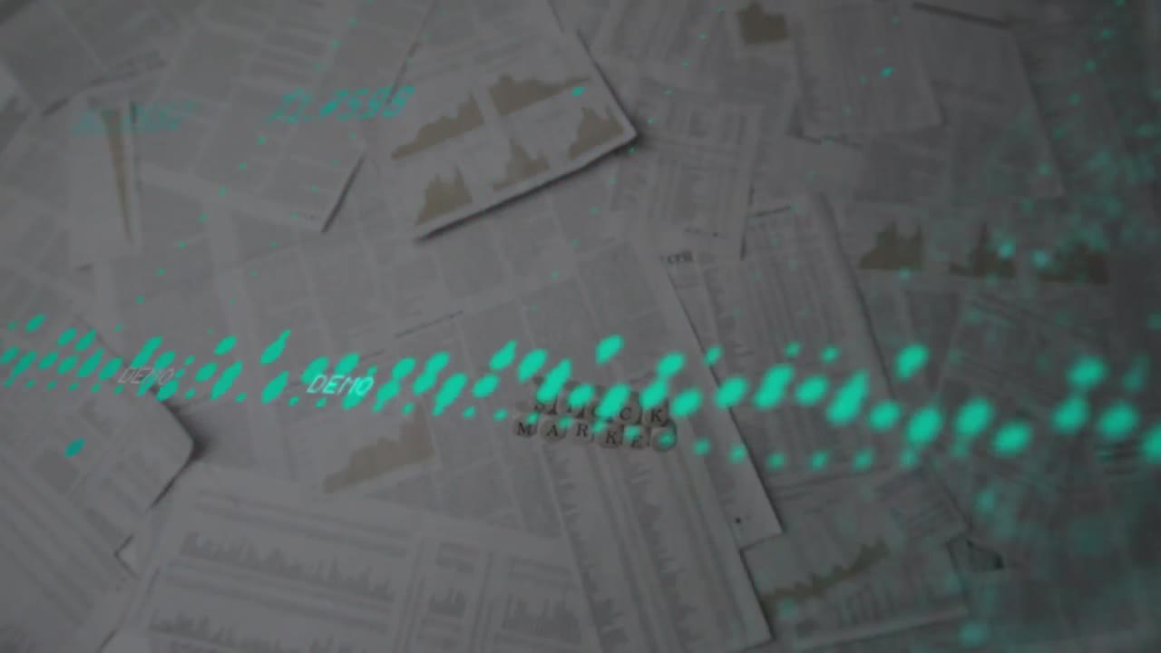 주식 시장에서 데이터 처리의 애니메이션, 바닥에 있는 문서 위에 있는 문자 배너