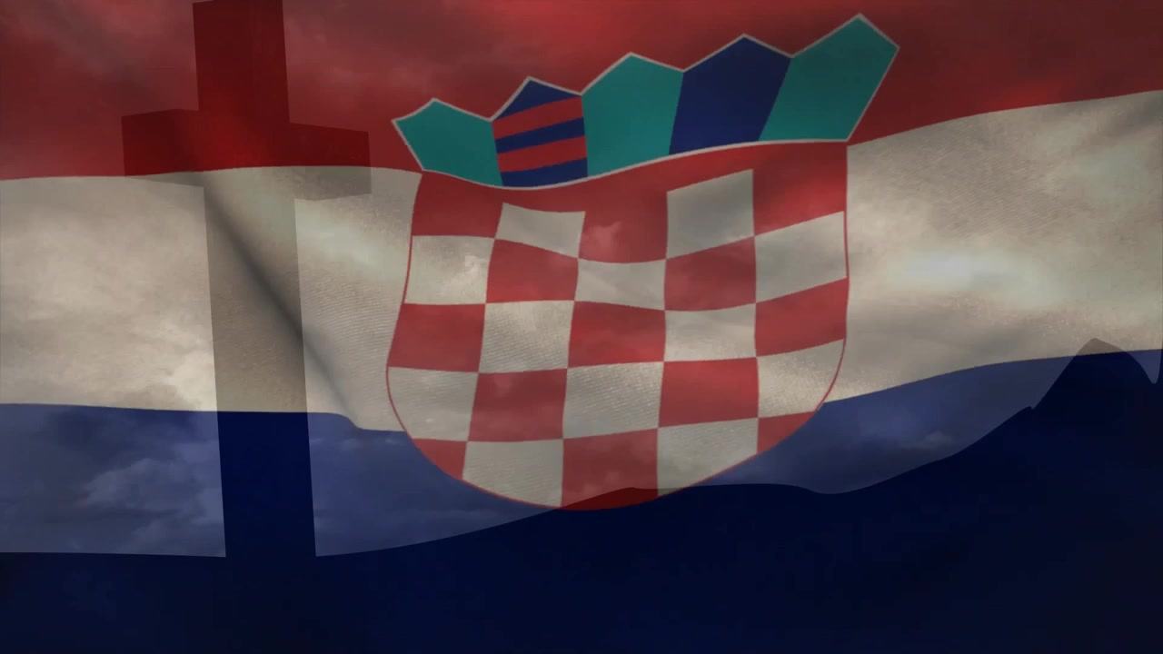 Wehende Flagge Kroatiens mit Überlagerung eines Kreuzes.
