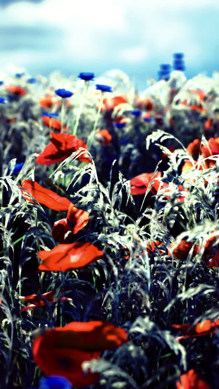 Vibrant wildflower field blanketed in red and blue blooms under a cloudy sky