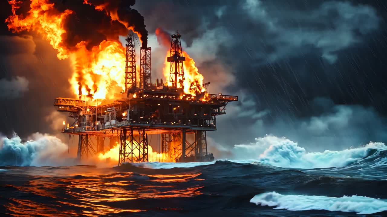 En olieboreplatform midt i havet i brand