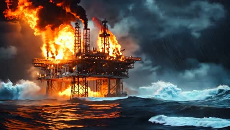 an oil rig in the middle of the ocean on fire