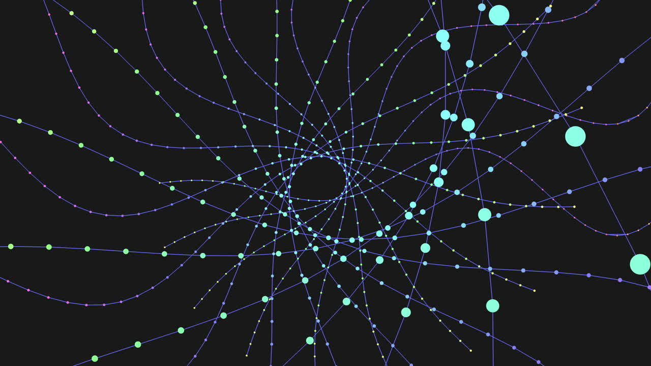 A symmetrical circular design featuring pink and purple dots on a black background, creating a visually appealing and balanced pattern with overlapping and non-overlapping arrangement