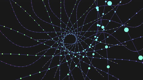 a symmetrical circular design featuring pink and purple dots on a black background, creating a visually appealing and balanced pattern with overlapping and non-overlapping arrangement