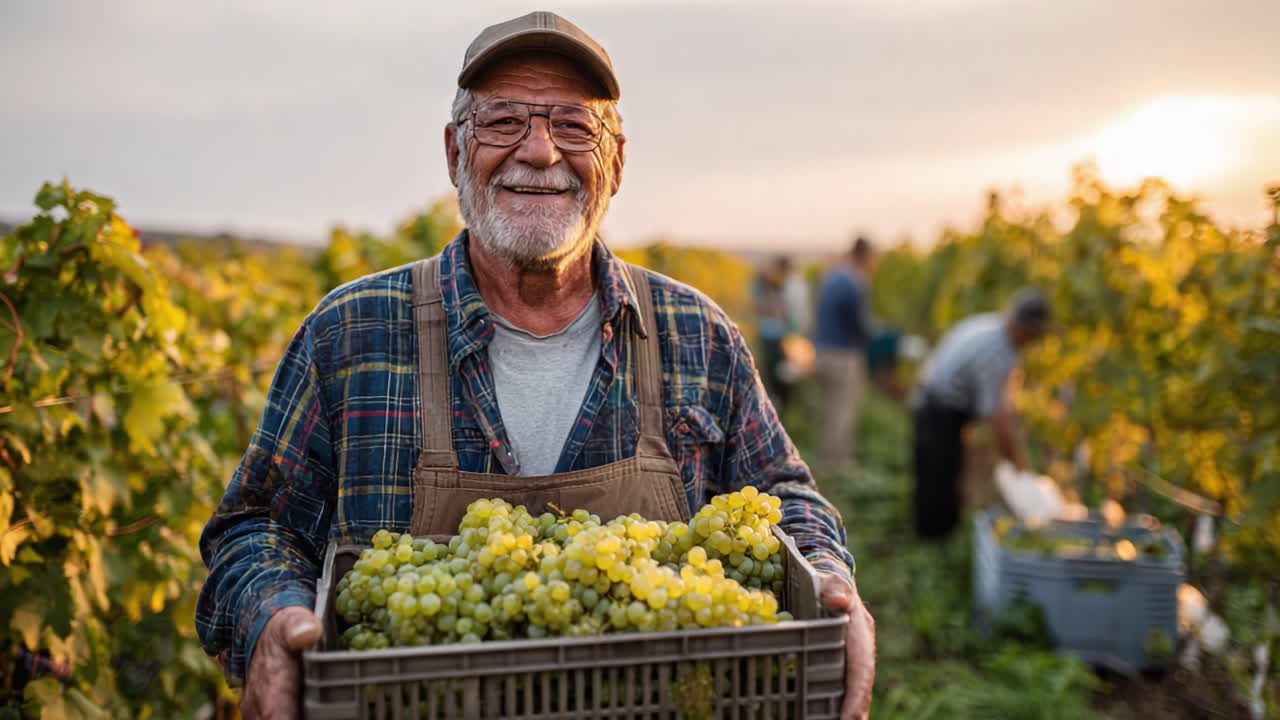 A Joyful Vineyard Worker Proudly Displays a Bountiful Harvest of Fresh Grapes Under a Stunning Sunset in the Heart of Nature's Abundance