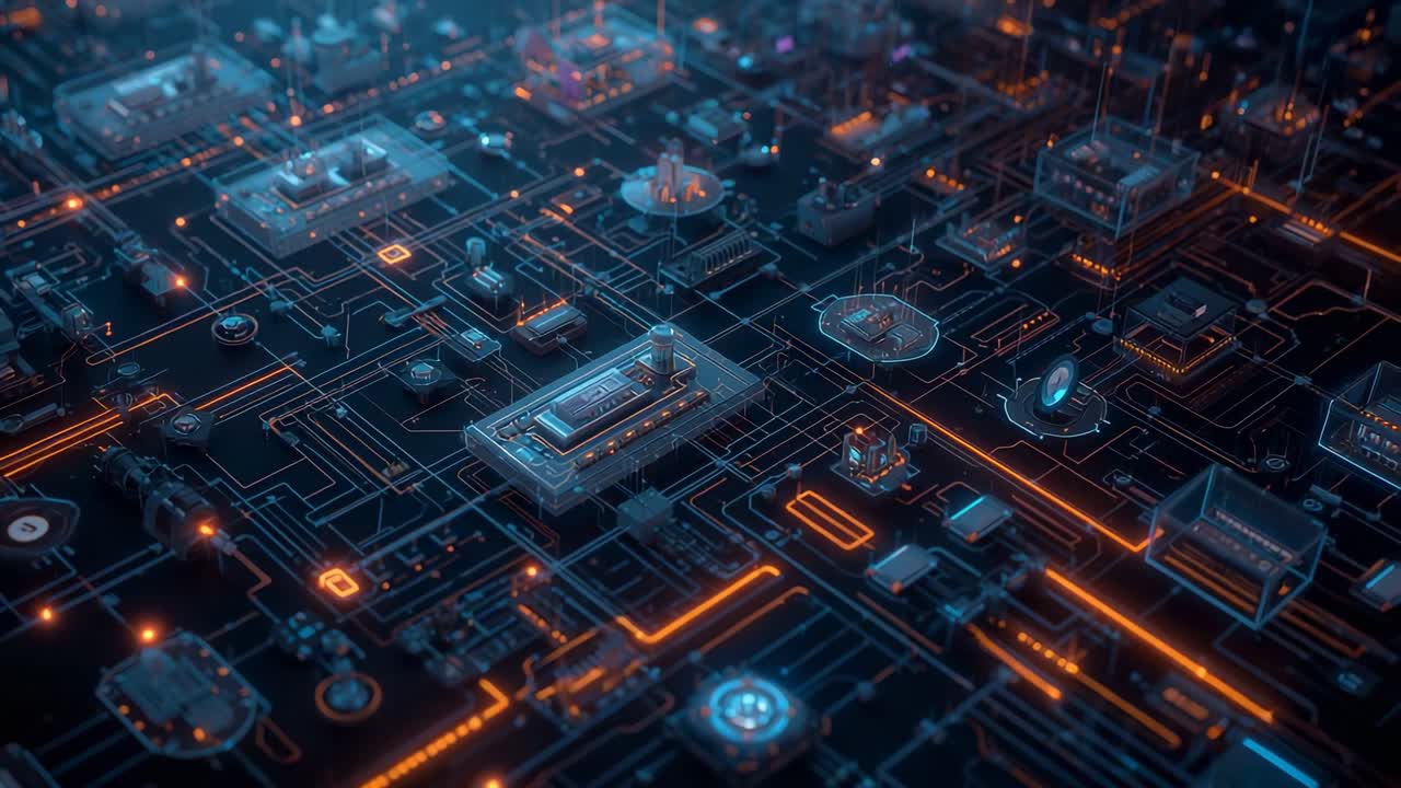 Initializing circuit simulation, showing neon pulses traversing board before fading at central chip