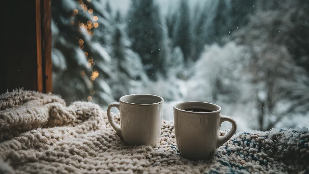 Mattina Invernale Accogliente Vicino alla Finestra con Caffè Fumante in Tazze Bianche su una Coperta di Lana Circondata da Alberi Innevati e un Paesaggio Ghiacciato