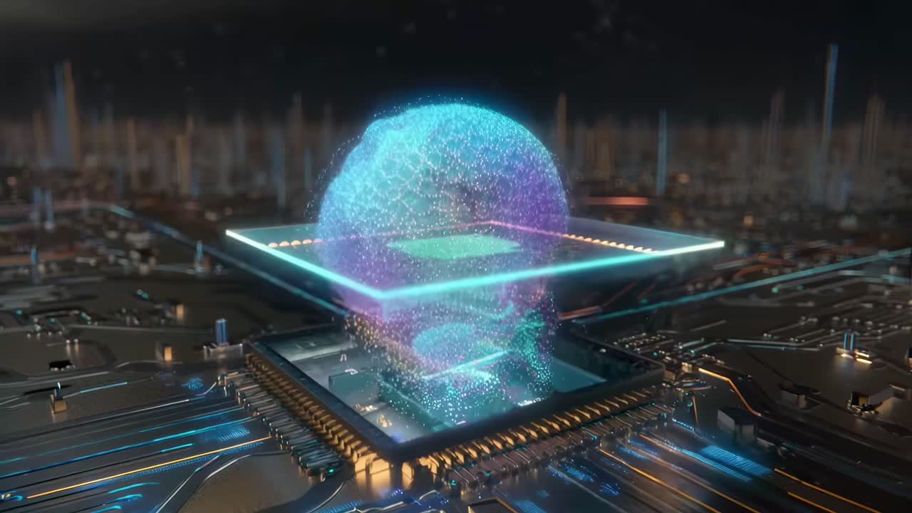 Futuristic circuit board close-up, low-angle shot, glowing microchip, tech video theme