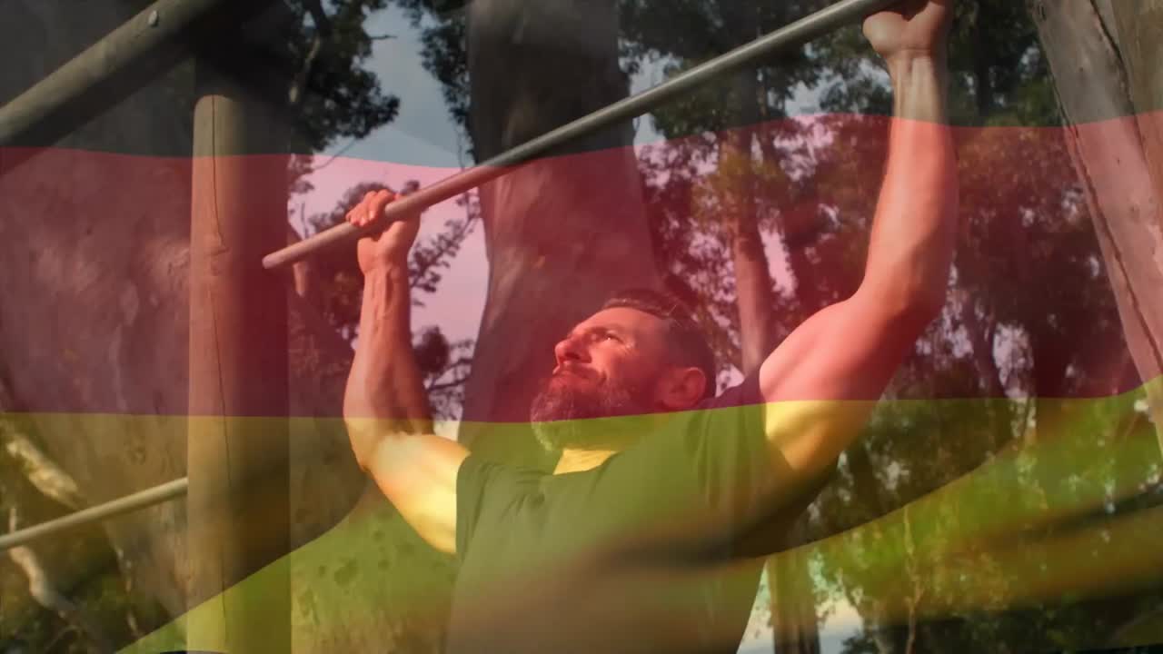 animación de la bandera de alemania sobre un hombre musculoso y fuerte haciendo abdominales
