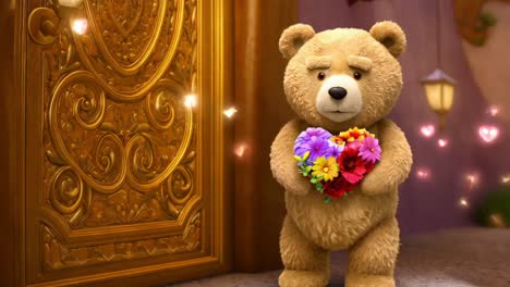 oso de peluche con flores en una puerta dorada
