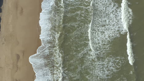 slow aerial shot of a deserted, golden sand beach and powerful white foam waves crashing