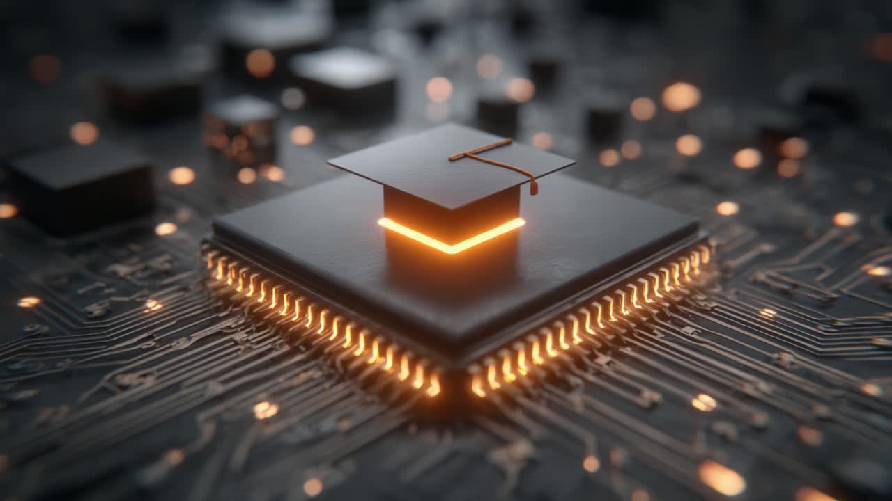 A Symbolic Intersection of Education and Technology: A Graduation Cap Resting on a Central Processing Unit in a Futuristic Digital Environment