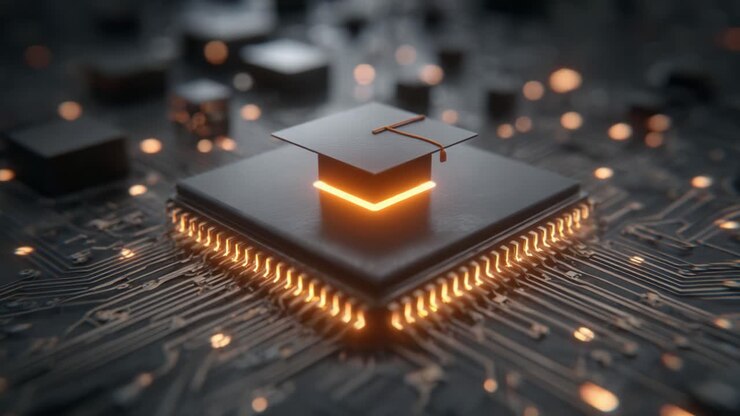 A Symbolic Intersection of Education and Technology: A Graduation Cap Resting on a Central Processing Unit in a Futuristic Digital Environment