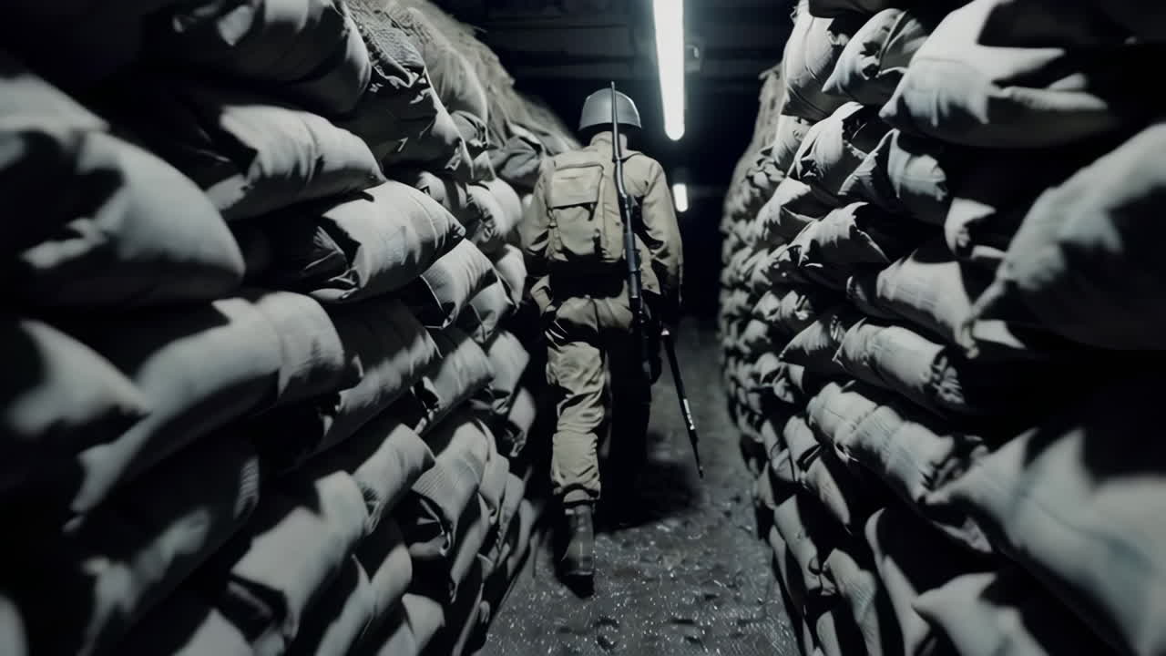 Soldier Walking Through a WWII Tunnel