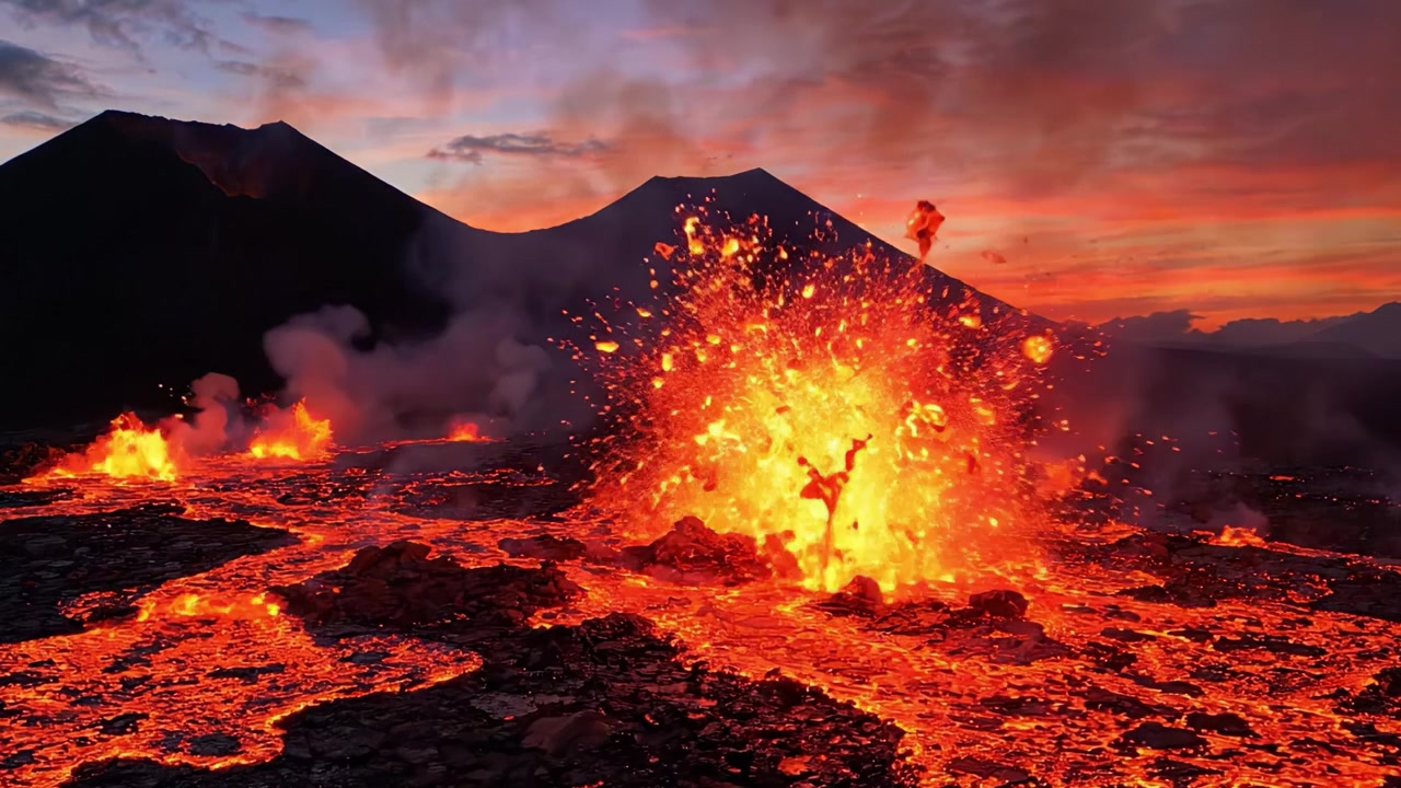 Una maestosa manifestazione della furia della natura: un'eruzione vulcanica illumina il cielo con lava infuocata e un paesaggio mozzafiato di montagne distanti e fumo che si innalza.