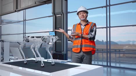 full body of asian male engineer with safety helmet standing in high tech factory, analyzing robotic machine concept. smiling and pointing to side recommends about something