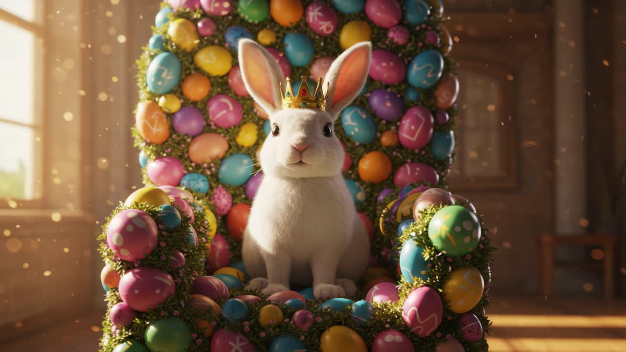 A Charming Easter Bunny Sits Proudly on a Colorful Egg-Decorated Throne, Radiating Joy and Whimsy in a Sunlit Room Filled with festive Cheer and Delight