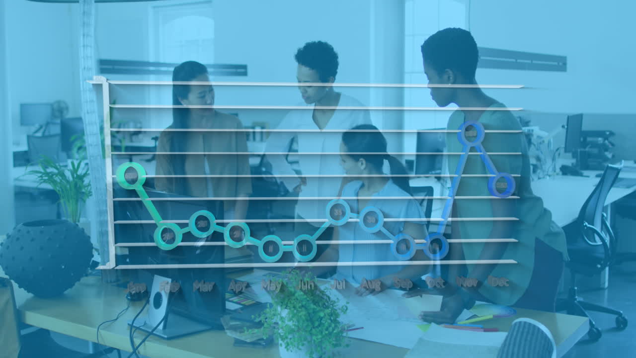 Animation of graph over diverse female coworkers sharing ideas in office
